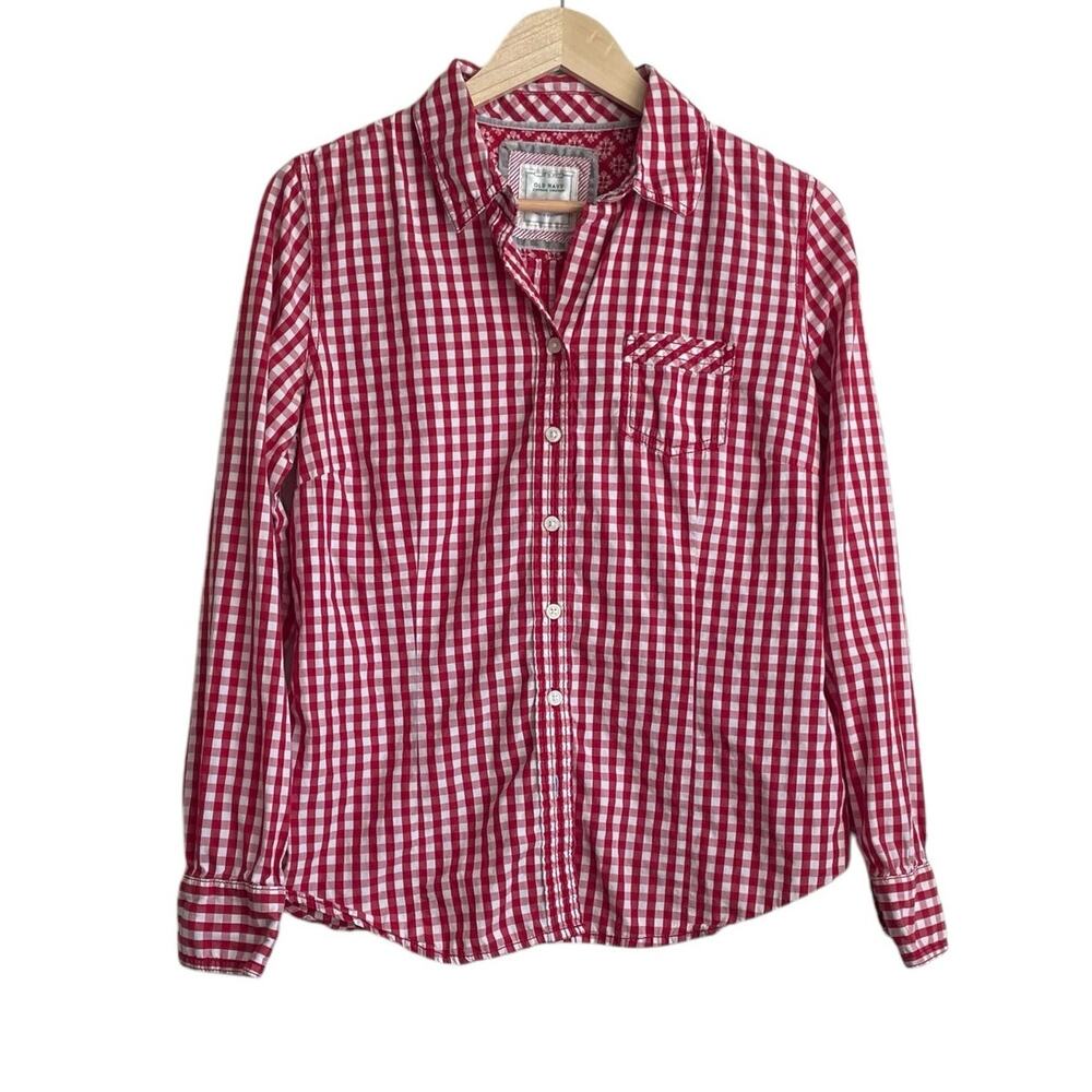 Old Navy Women Top L Red Buffalo Check Button Up Cowgirl Western Casual‎ Cotton